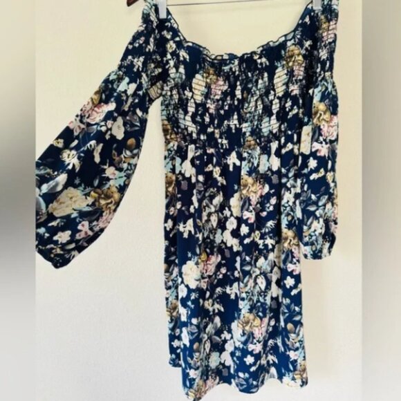 Soprano Navy Floral Off-Shoulder Chiffon Long Sleeve Dress, Small - Picture 2 of 4